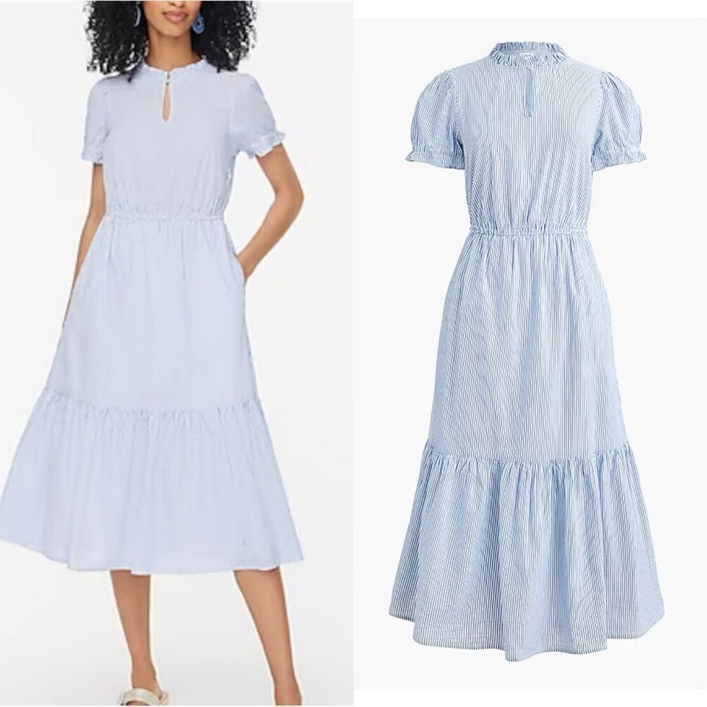 NWT J CREW Factory Striped ruffleneck puff-sleeve midi dress blue white stripe